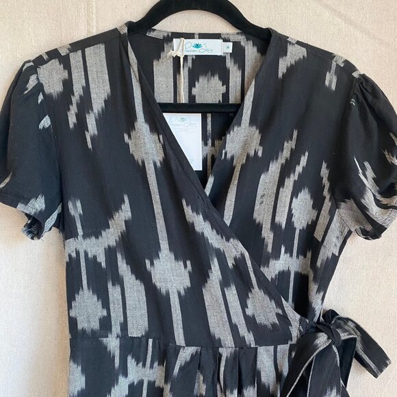 Fair Trade Genuine Ikat Black Wrap Dress 100% Cotton NWT Medium Passion Lilie - Picture 10 of 13